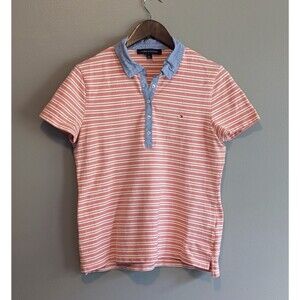 Tommy Hilfiger Size Medium Polo Top Womens Soft Stretch Striped Shirt Coral